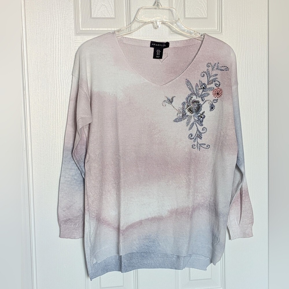 Amaryllis Womens (Size M) Pastel Tie-Dyed V-Neck Sweater w/ Floral Embroidery - Picture 6 of 13